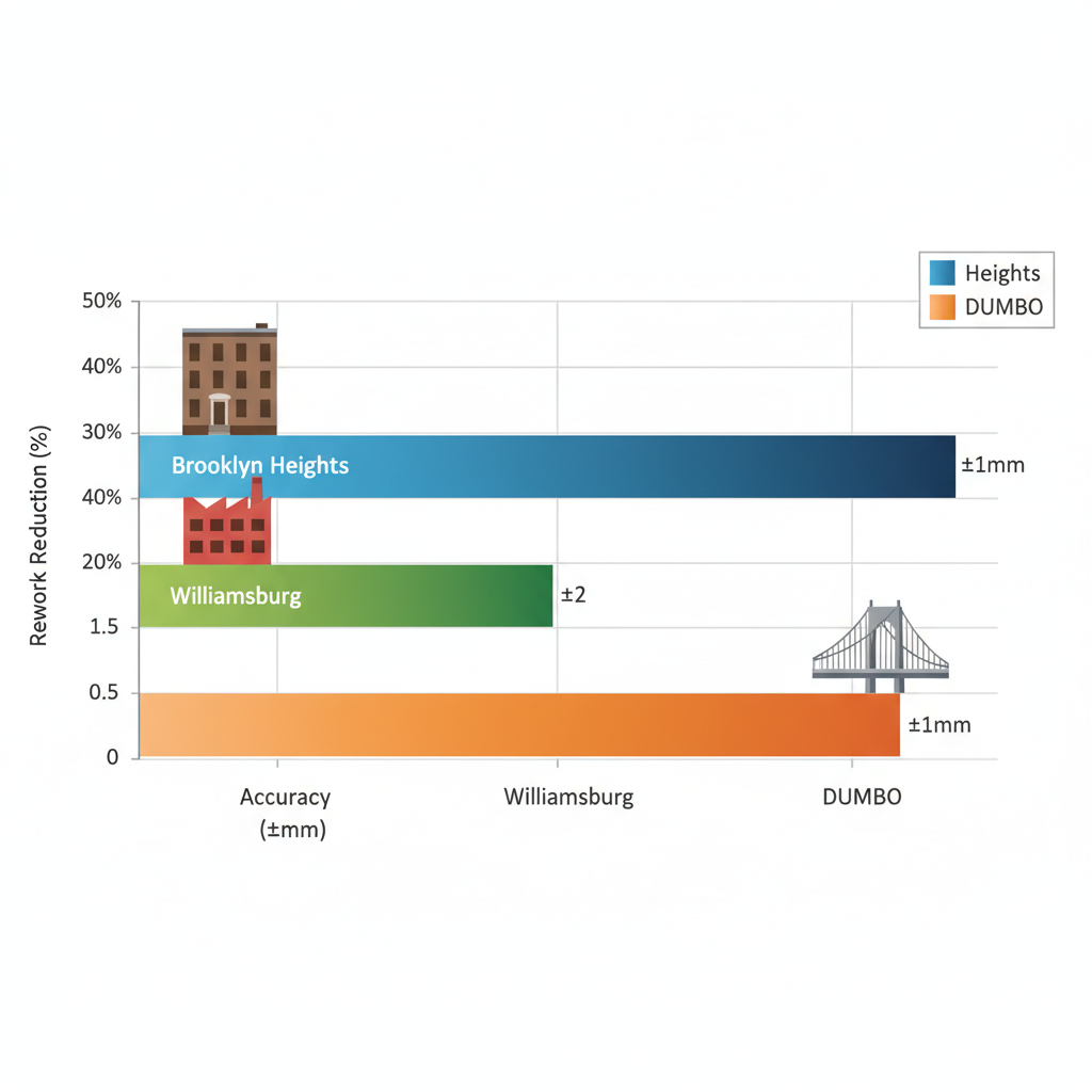 Horizontal bar chart comparing 3D scanning benefits across Brooklyn Heights, Williamsburg, and DUMBO neighborhoods with accuracy and rework reduction data.