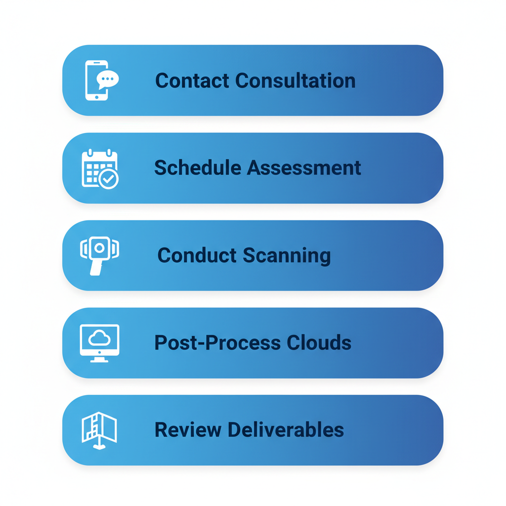 Vertical process flow diagram illustrating five steps to initiate 3D laser scanning project in Brooklyn with icons and labels