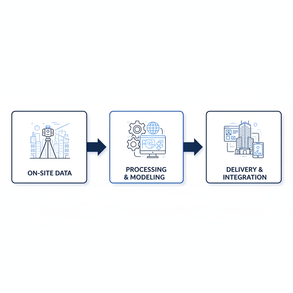 Horizontal process flow illustrating three stages of 3D laser scanning: on-site data collection with scanner, post-processing and modeling, delivery and integration with Revit.