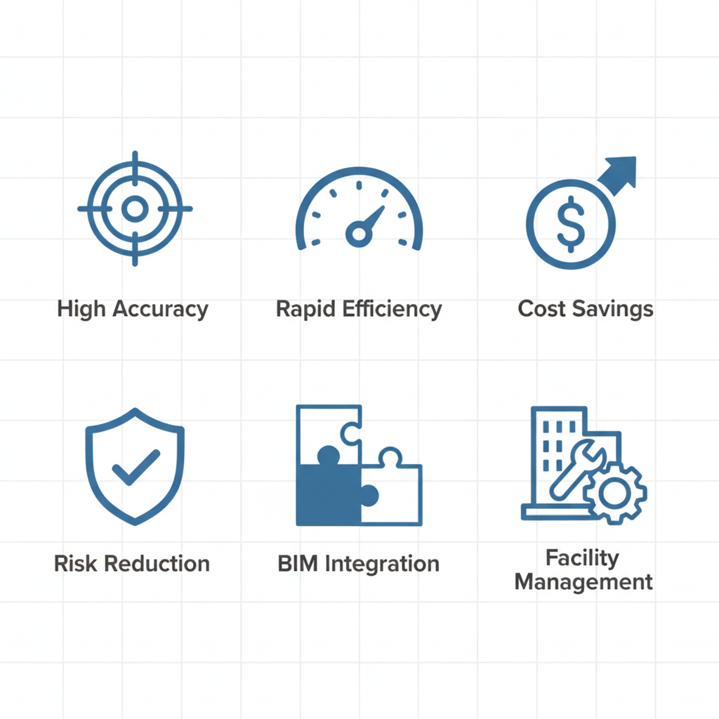 Grid of six icons illustrating benefits of 3D laser scanning: accuracy with target, efficiency with speedometer, cost savings with dollar, risk reduction with shield, BIM integration with puzzle, facility management with building.