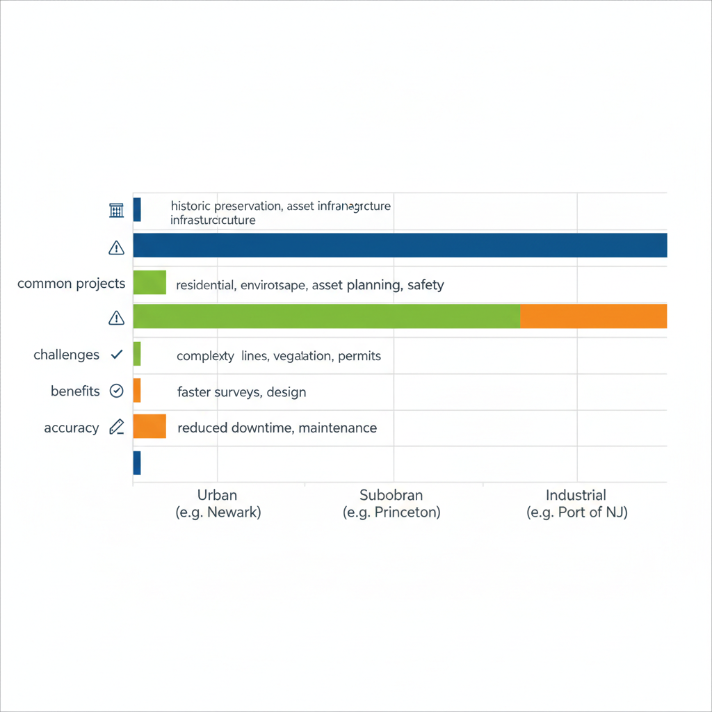 Illustrative bar chart comparing 3D scanning needs across New Jersey urban, suburban, and industrial areas with category icons and color-coded bars.