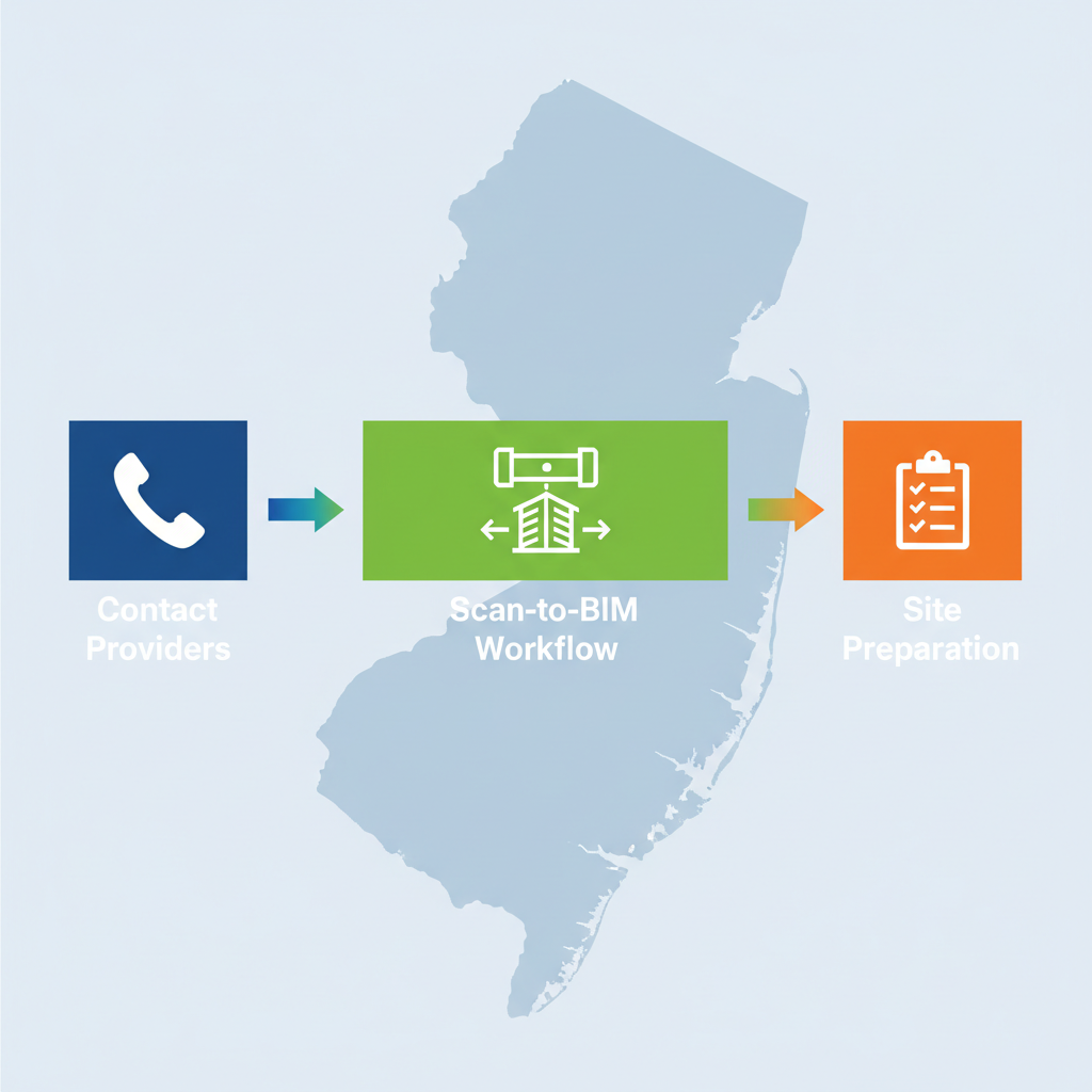 Horizontal process flow diagram showing three steps for starting 3D scanning projects in New Jersey: contacting providers, Scan-to-BIM workflow, and site preparation.