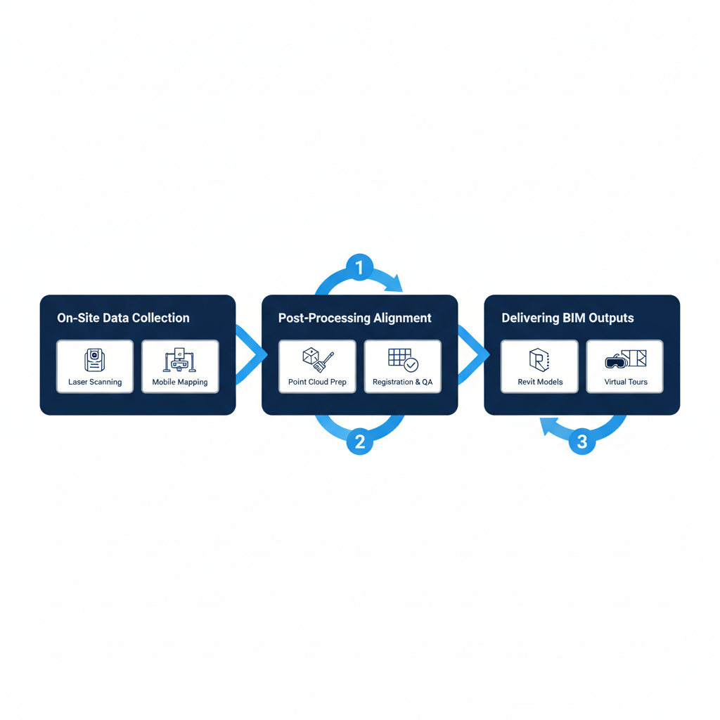 Horizontal process flow diagram illustrating three stages of 3D laser scanning: on-site data collection with scanners, post-processing and point cloud alignment, and delivery of BIM-ready outputs like Revit models and virtual tours.