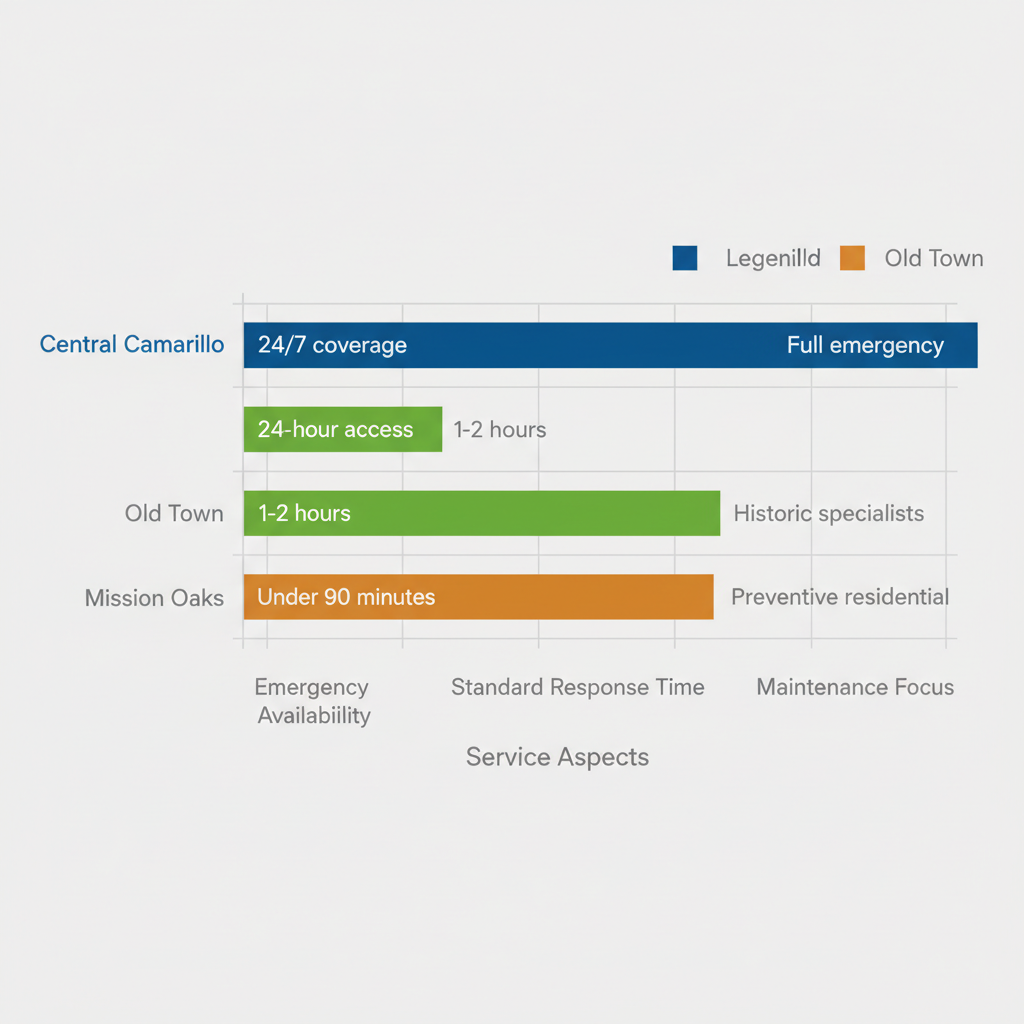 Grouped horizontal bar chart comparing AC service features across Camarillo neighborhoods: Central Camarillo, Old Town, and Mission Oaks.