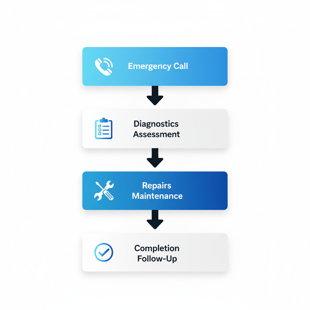 Vertical process flow diagram showing four stages of AC service in Camarillo: emergency call with phone icon, diagnostics with checklist, repairs with tools, and completion with checkmark, using blue gradients and black arrows.