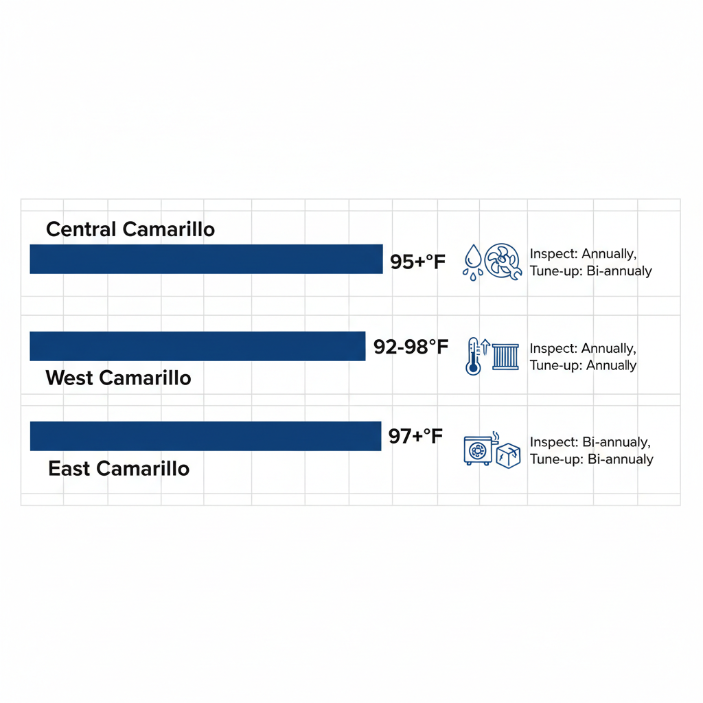 Horizontal bar chart comparing AC system performance and summer temperatures in Central, West, and East Camarillo neighborhoods with icons for issues and service labels