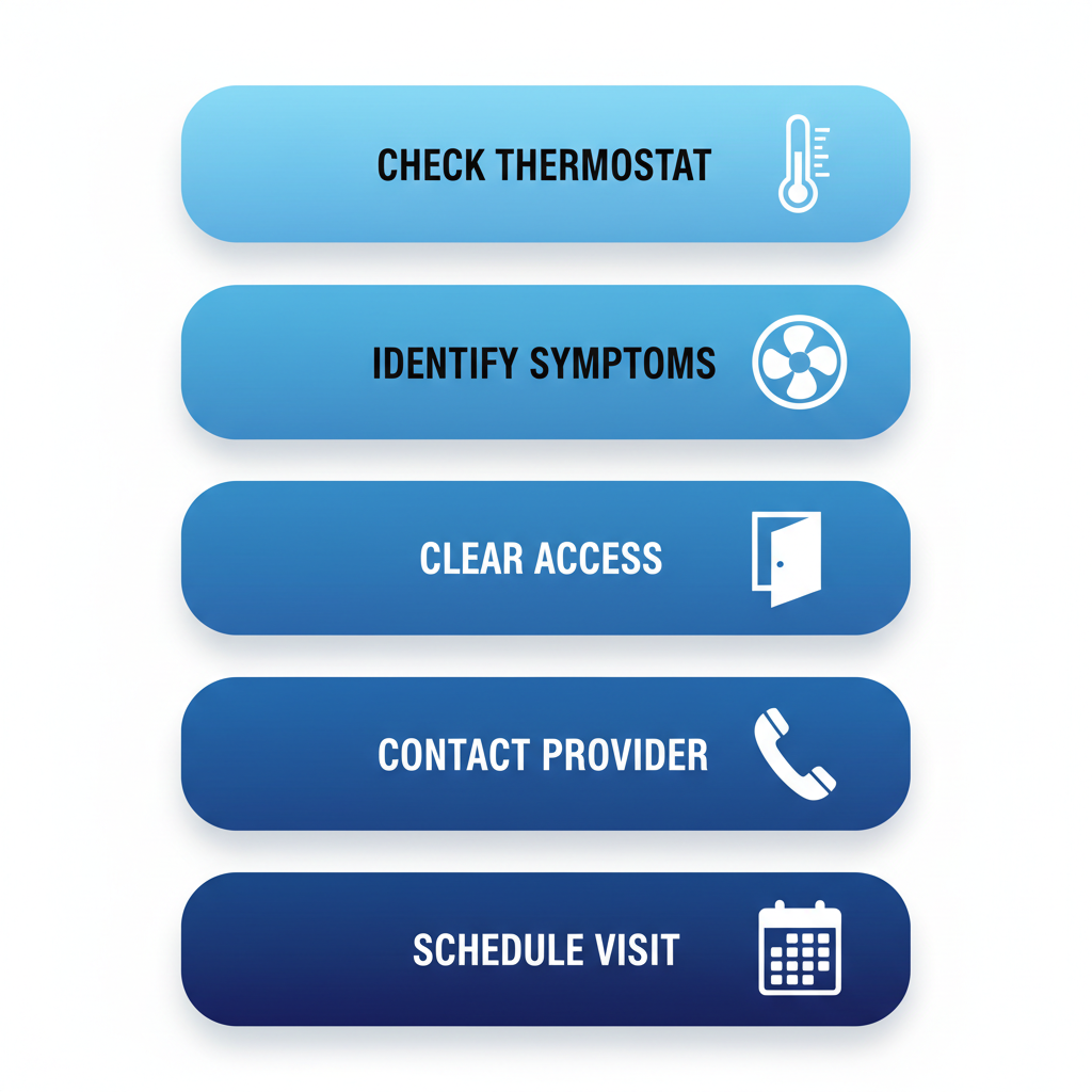 Diagram of five sequential steps for starting AC repair in Camarillo: checking thermostat and filters, identifying symptoms, clearing technician access, contacting provider, and scheduling visit.