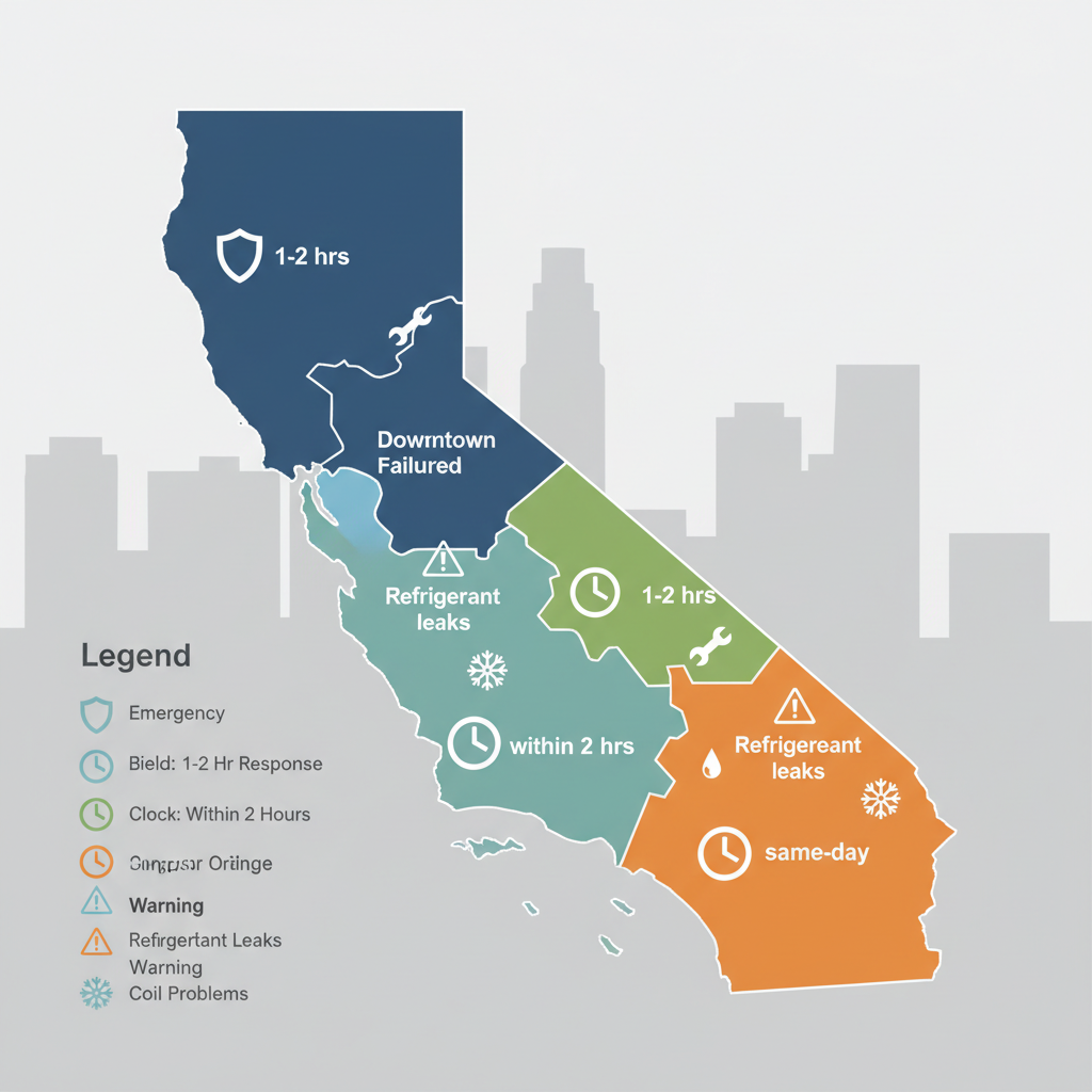 Infographic illustrating AC repair coverage in Los Angeles neighborhoods with response time and issue icons.
