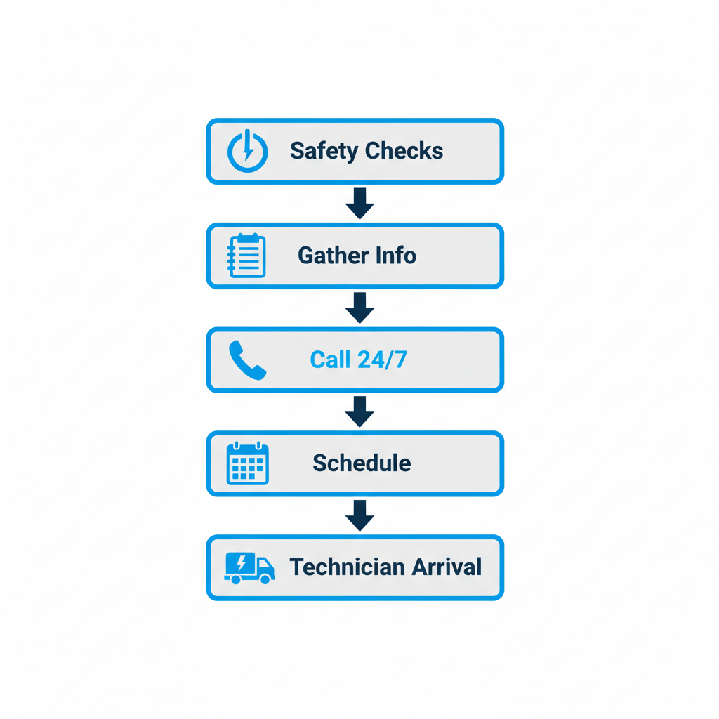 Vertical process flow diagram showing five steps to schedule AC repair service in Los Angeles with icons and labels