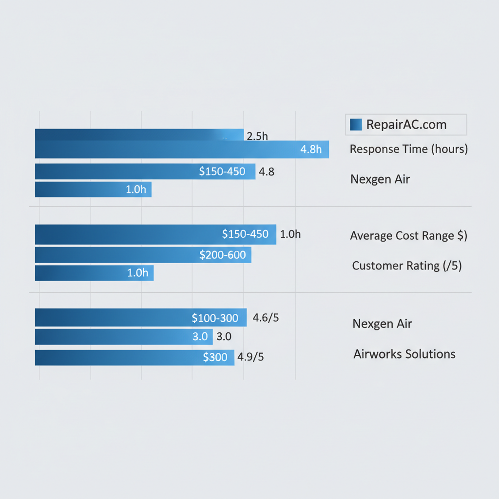 Horizontal bar chart comparing response times, costs, and ratings of top AC repair providers in Malibu