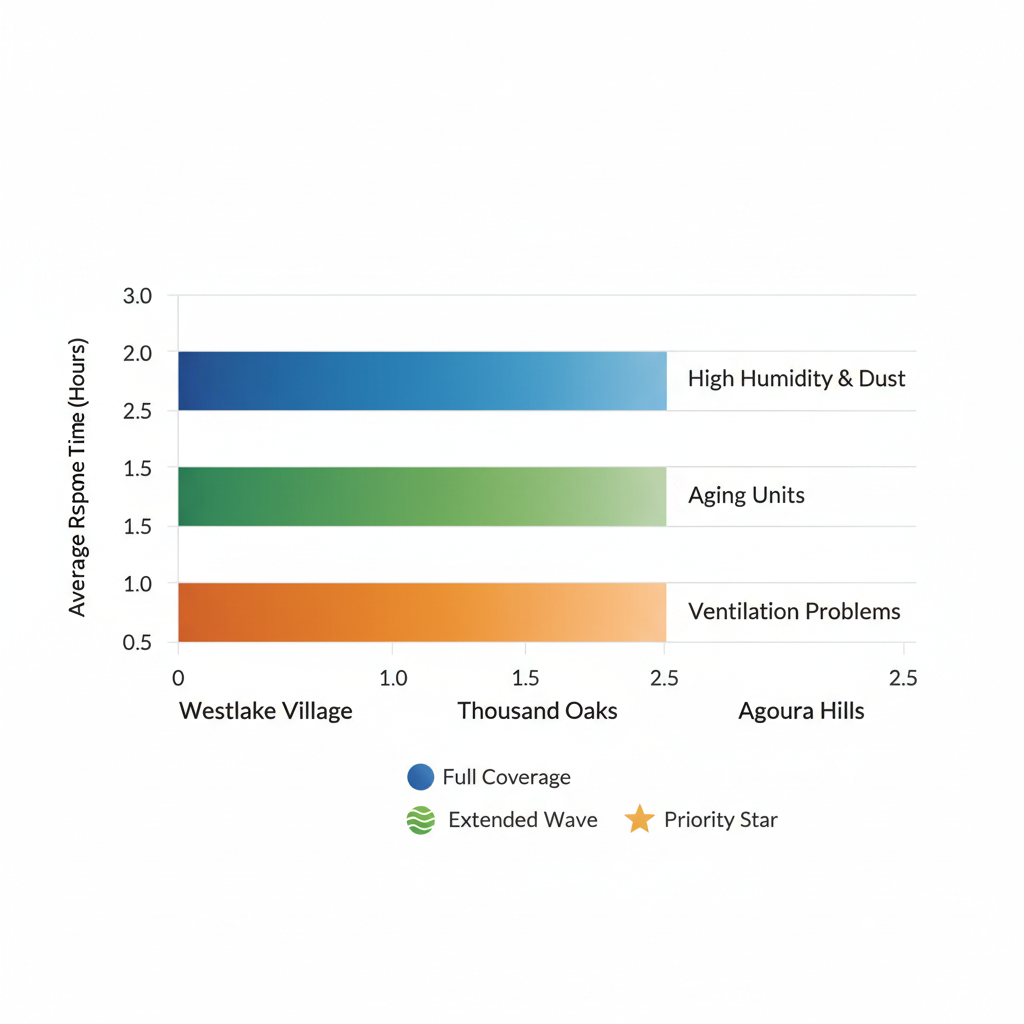 Horizontal bar chart comparing average AC response times across Westlake Village neighborhoods with issue labels and coverage icons