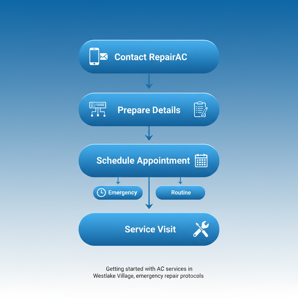 Vertical process flow diagram illustrating four stages to start AC repair services with RepairAC.com in Westlake Village