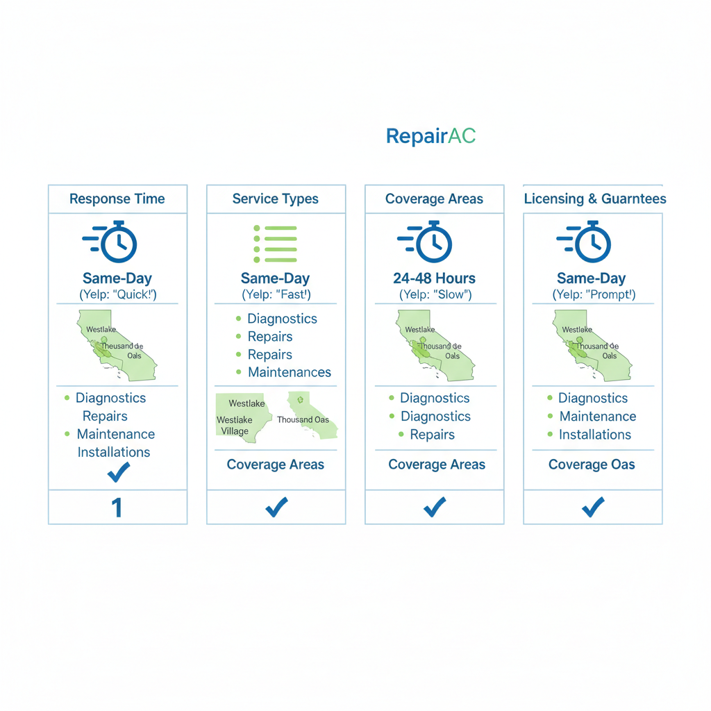Infographic comparing key features of AC repair providers in the Westlake area including response time, services, coverage, and guarantees