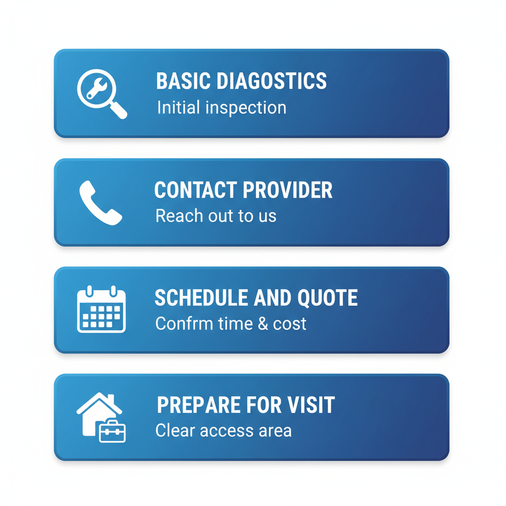Vertical process flow diagram showing four steps to start AC repair: diagnostics, contact, schedule, prepare.