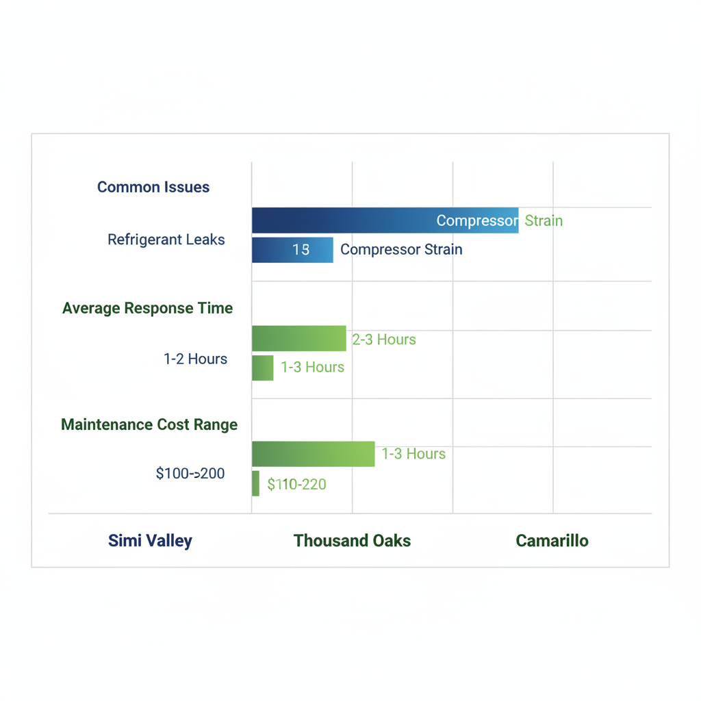 Horizontal bar chart comparing AC repair issues, response times, and maintenance costs in Simi Valley, Thousand Oaks, and Camarillo