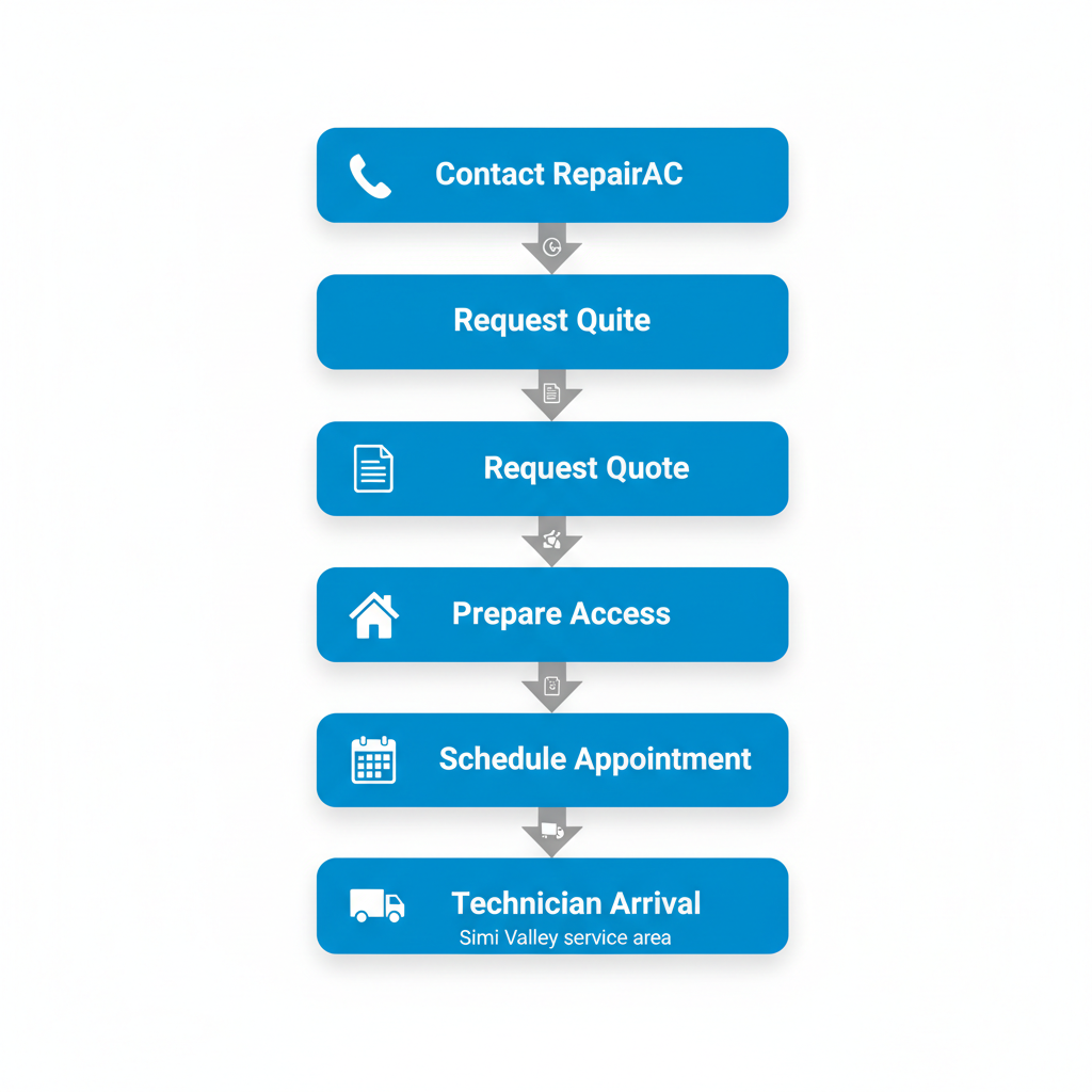 Vertical process flow diagram showing five steps to schedule AC repair in Simi Valley: contact, request quote, prepare access, schedule, and technician arrival.