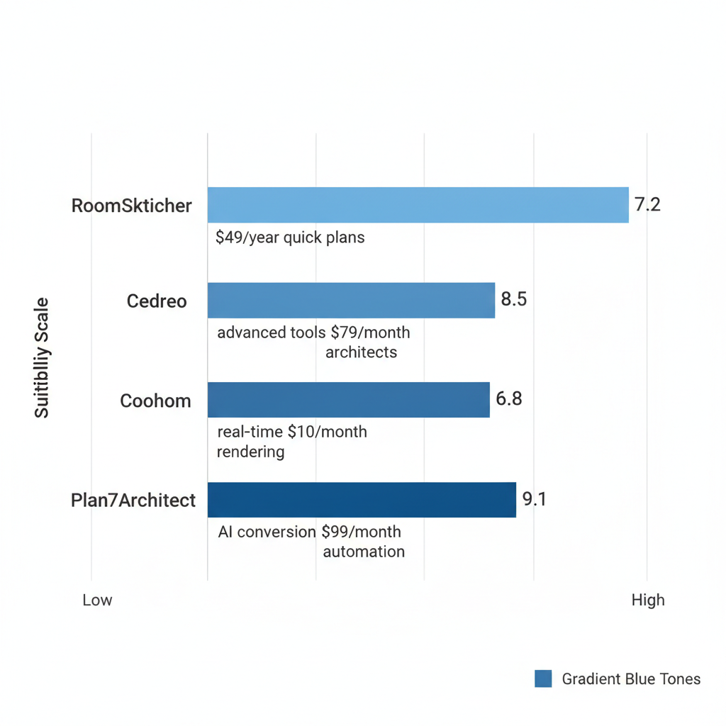 Horizontal bar chart comparing four 2D floor plan software tools on import suitability, pricing, and use cases