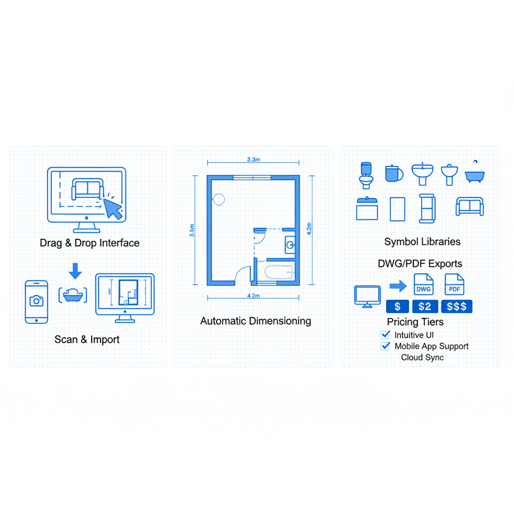 Infographic illustrating RoomSketcher software features for creating 2D floor plans from scans, including drag-and-drop interface, automatic dimensioning, and export options.