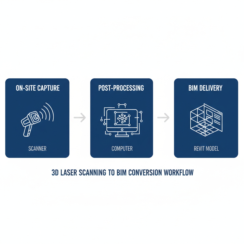 Horizontal process flow diagram showing three stages of 3D laser scanning to BIM conversion: on-site data capture, post-processing, and BIM delivery.
