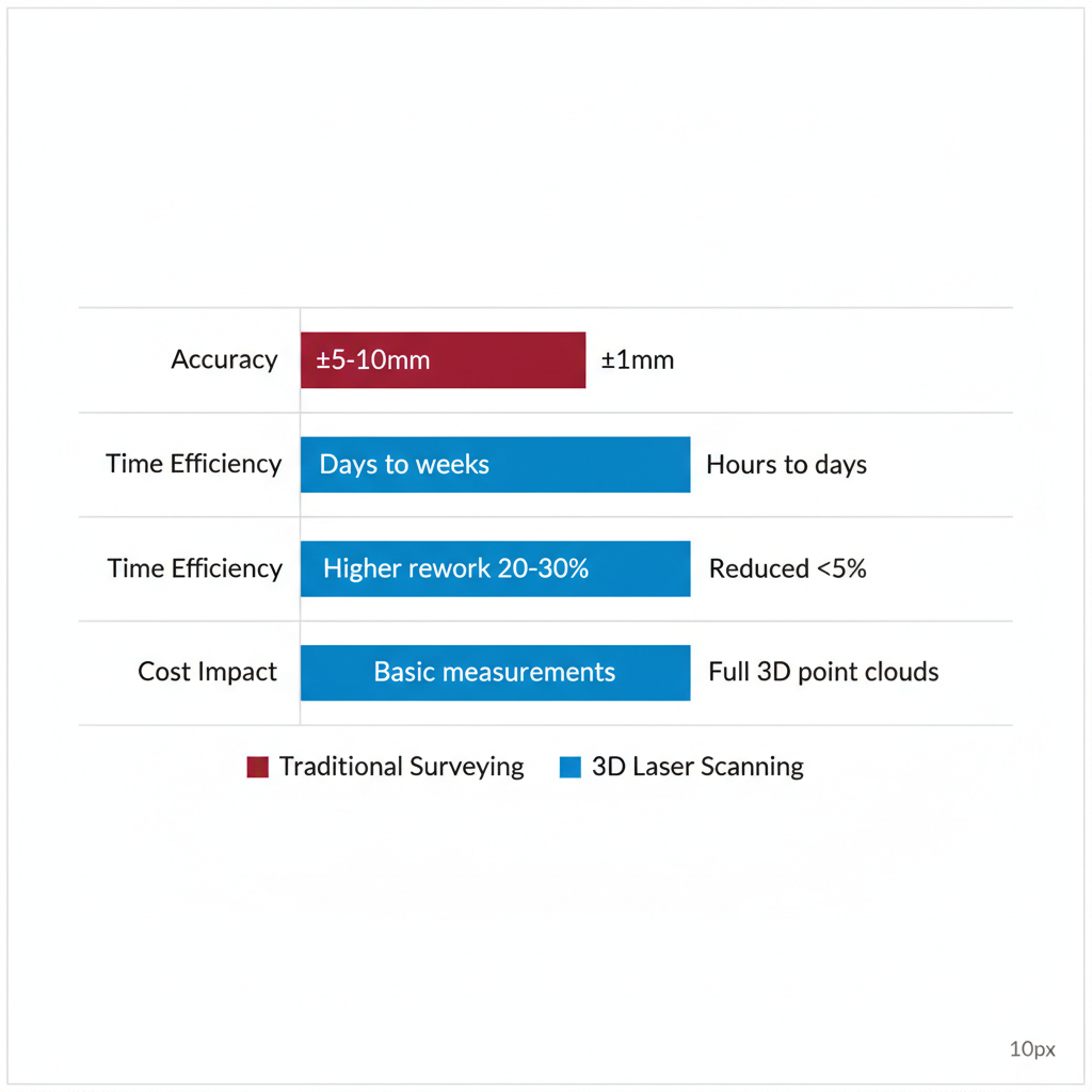 Horizontal bar chart illustrating key advantages of 3D laser scanning over traditional surveying in accuracy, time, cost, and data for New York projects.
