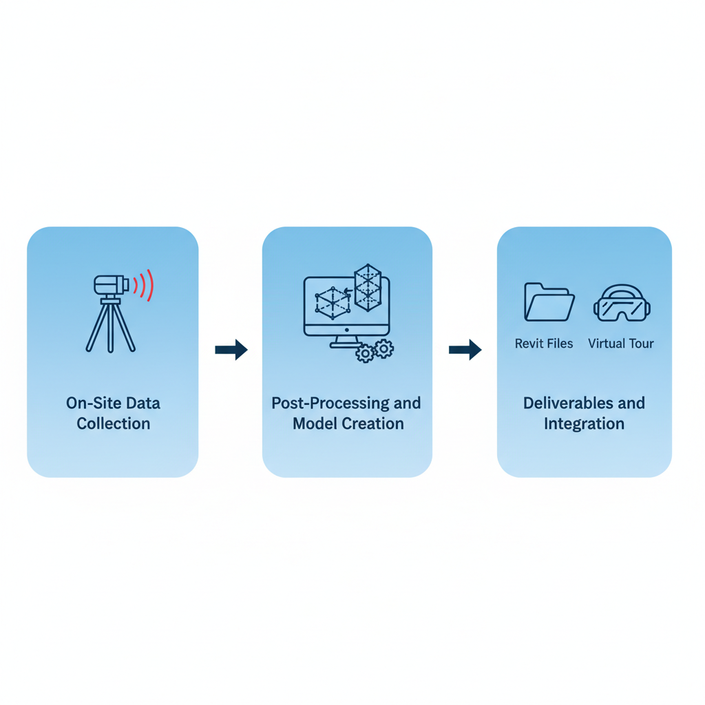 Horizontal diagram illustrating the three stages of 3D laser scanning in construction projects, from data collection to deliverables integration.