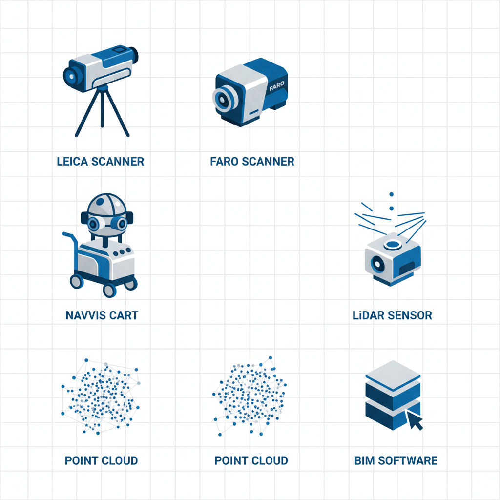 Grid of icons depicting key 3D scanning technologies including Leica scanner, Faro laser, NavVis cart, LiDAR sensor, point cloud software, and BIM tool for New York projects.