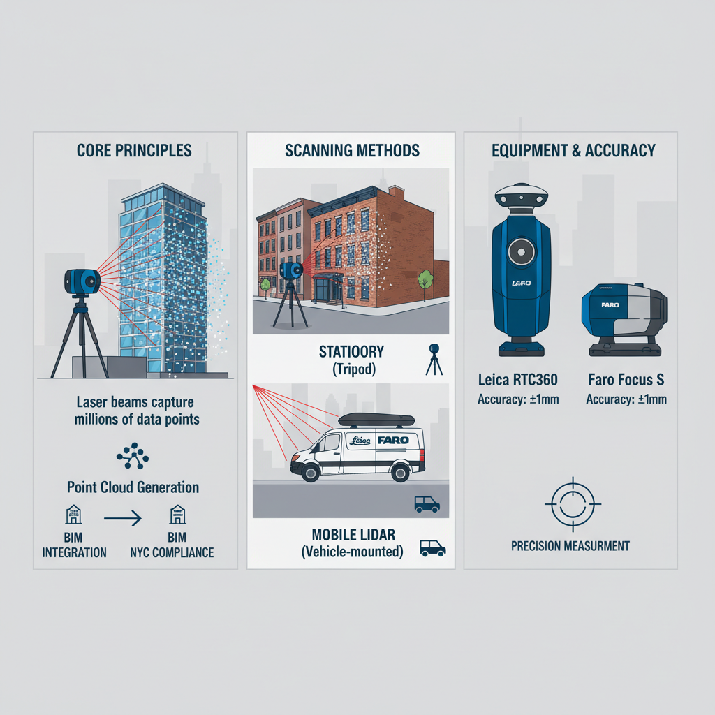Infographic depicting 3D laser scanning principles, LiDAR applications, and equipment for New York City buildings with icons and skyline background
