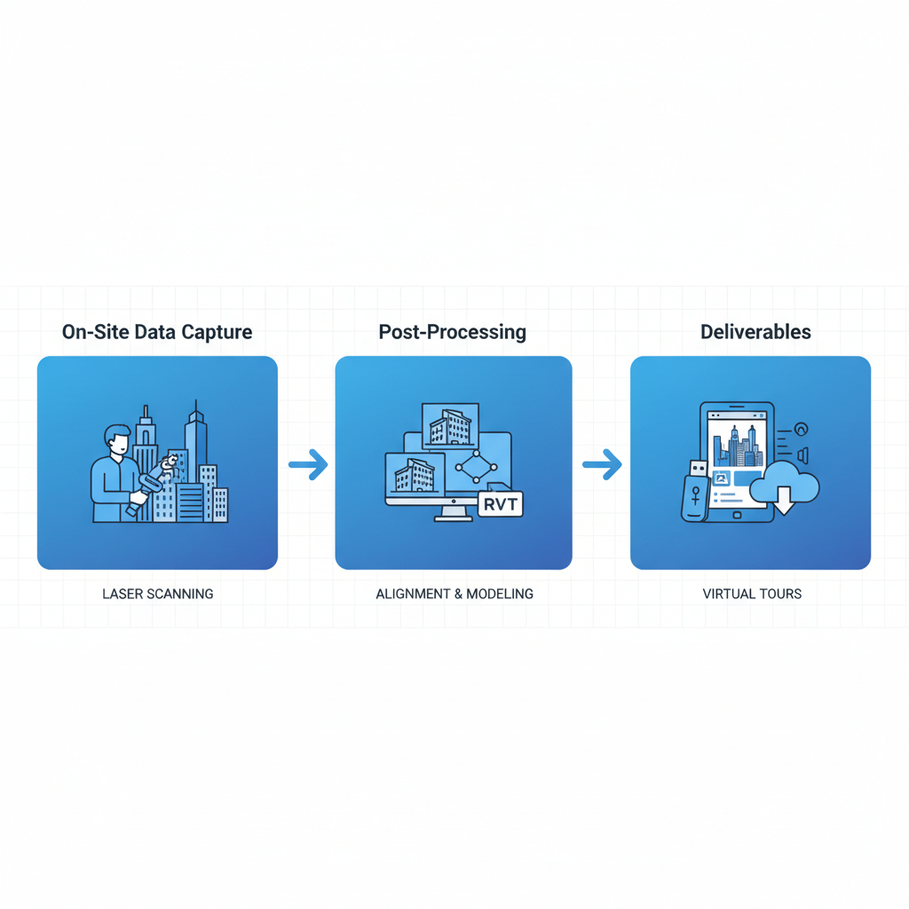 Horizontal process flow diagram depicting the 3D building scanning workflow in New York City with three stages.