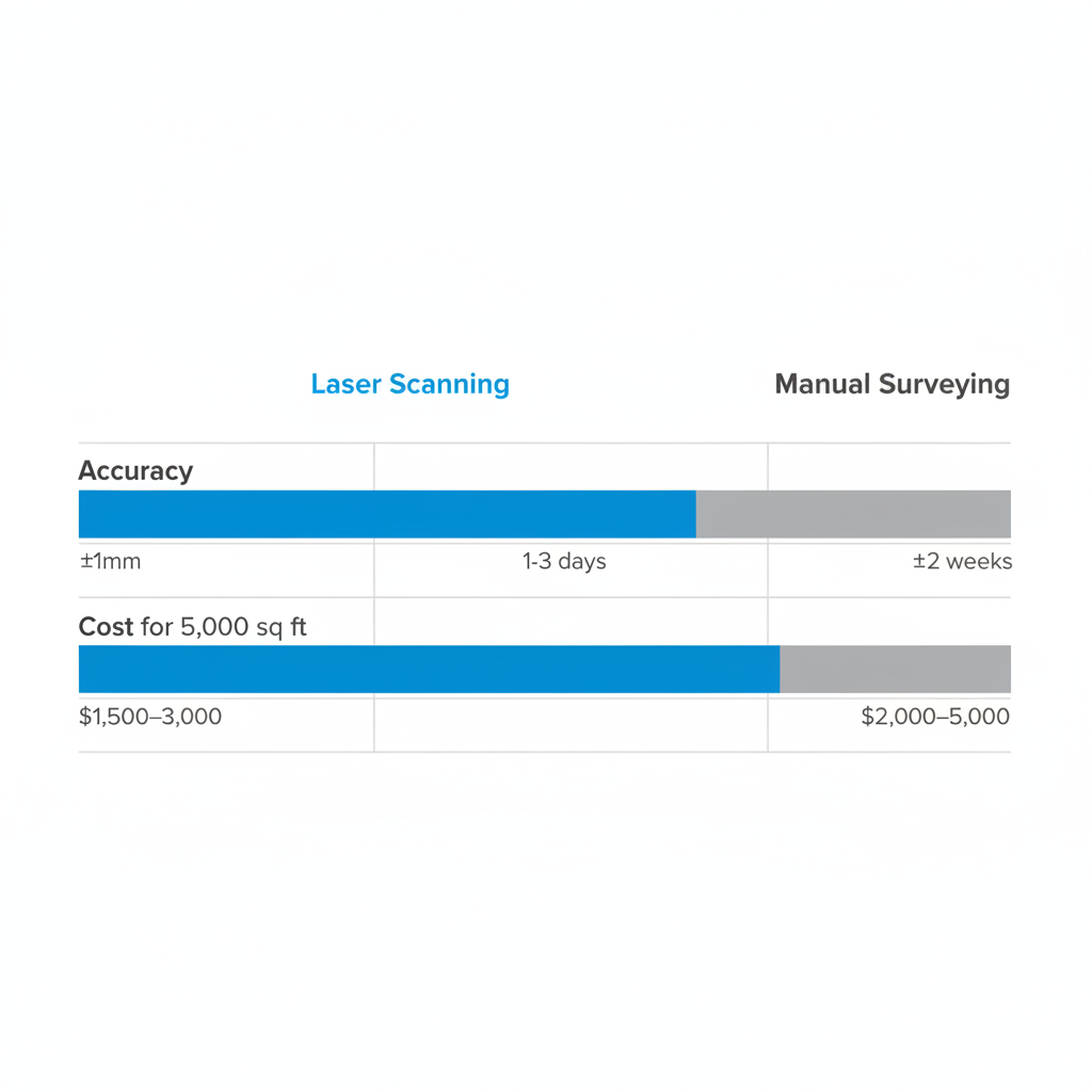 Horizontal bar chart comparing laser scanning and manual surveying for accuracy, turnaround time, and cost in 2D floor plans.