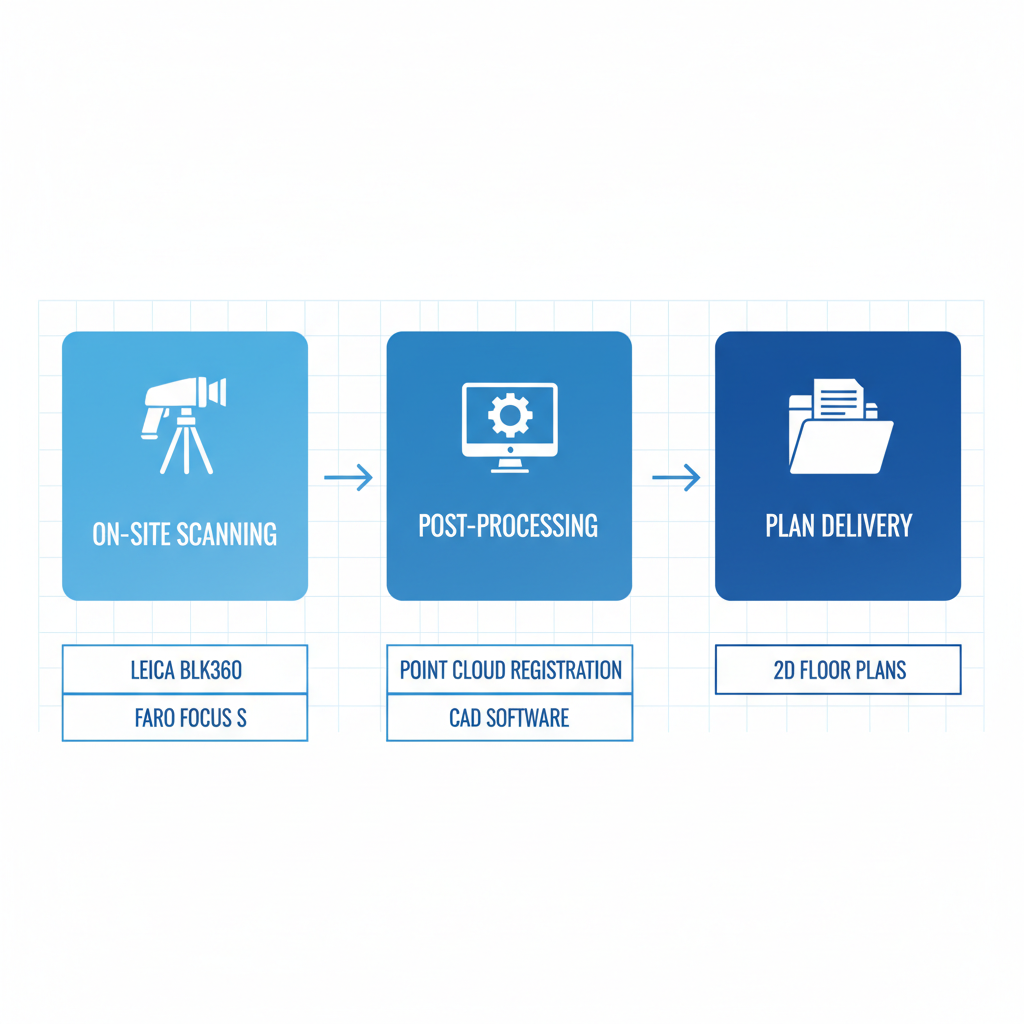Horizontal process flow illustrating the three steps to create 2D floor plans: on-site laser scanning, post-processing conversion, and delivery options.
