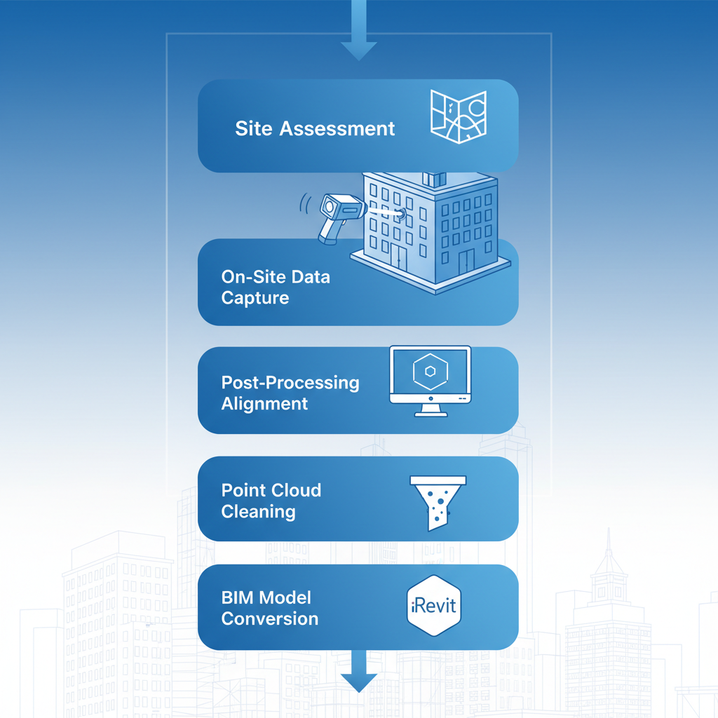 Vertical diagram showing five steps of 3D laser scanning process in New York City from site assessment to BIM models