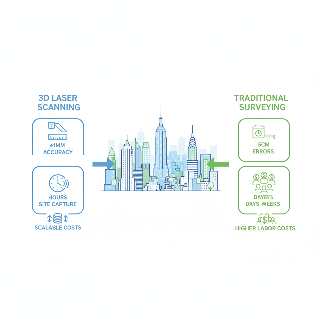Infographic comparing 3D laser scanning benefits to traditional surveying in NYC projects