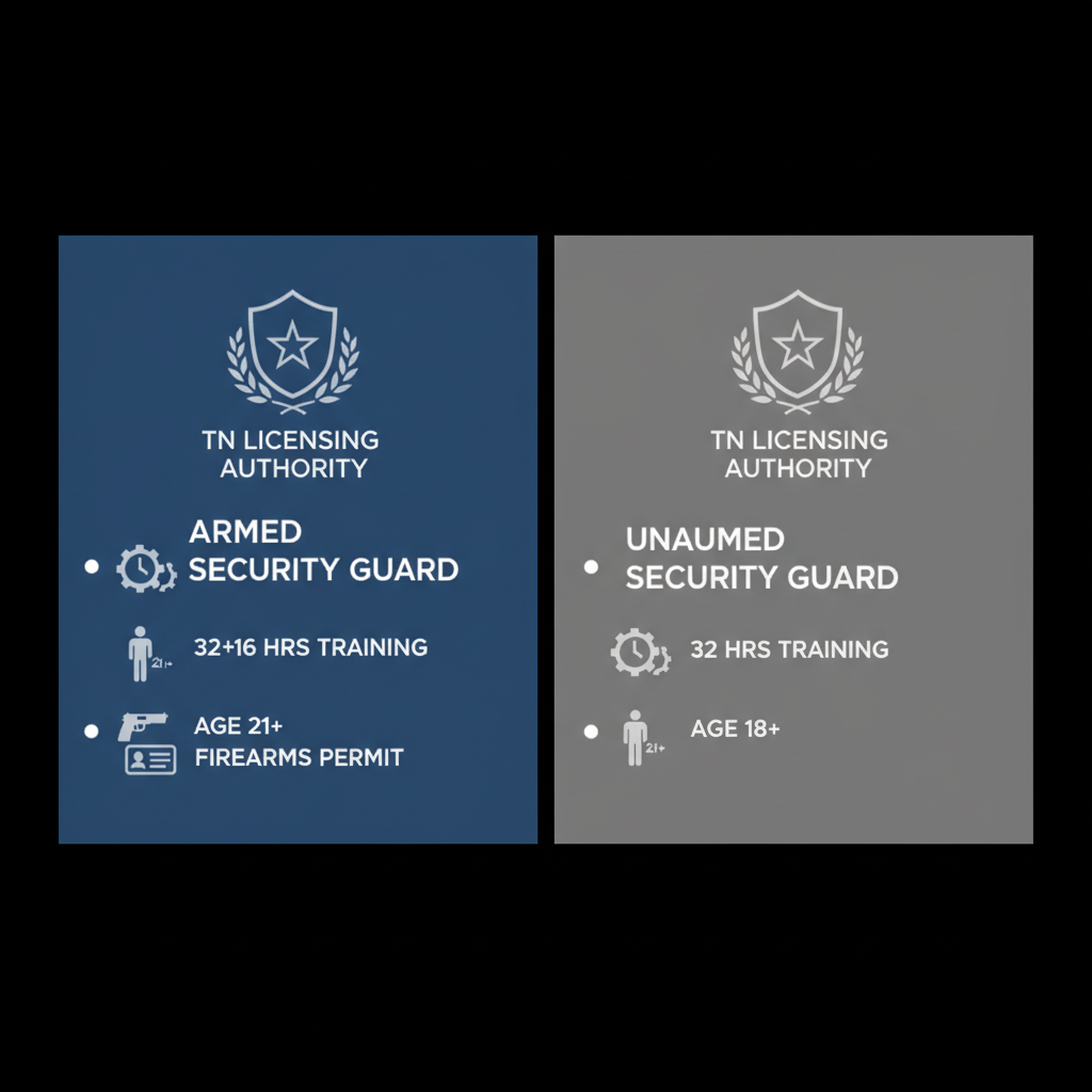 Infographic comparing armed and unarmed security guard requirements in Tennessee with icons and key metrics.