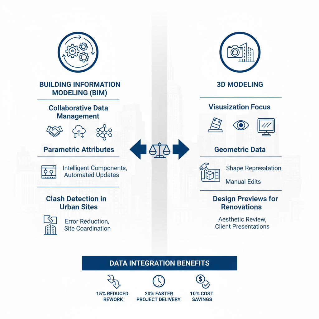 Infographic showing differences between BIM and 3D modeling for architecture, engineering, and construction projects in New York.
