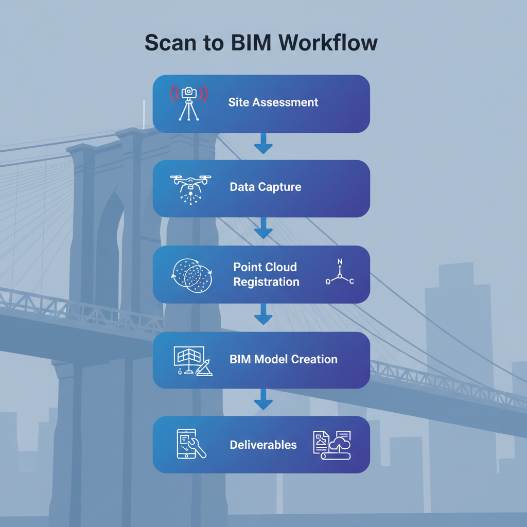Vertical process flow diagram illustrating the five steps of 3D laser scanning to BIM workflow for New York construction projects.