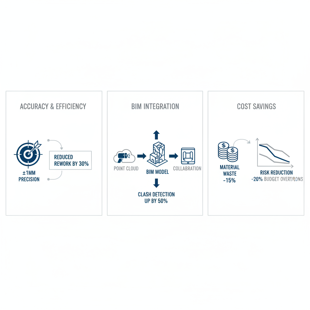 Three-panel infographic illustrating accuracy, BIM integration, and cost savings benefits of 3D laser scanning in Queens, NY for architecture and construction projects.