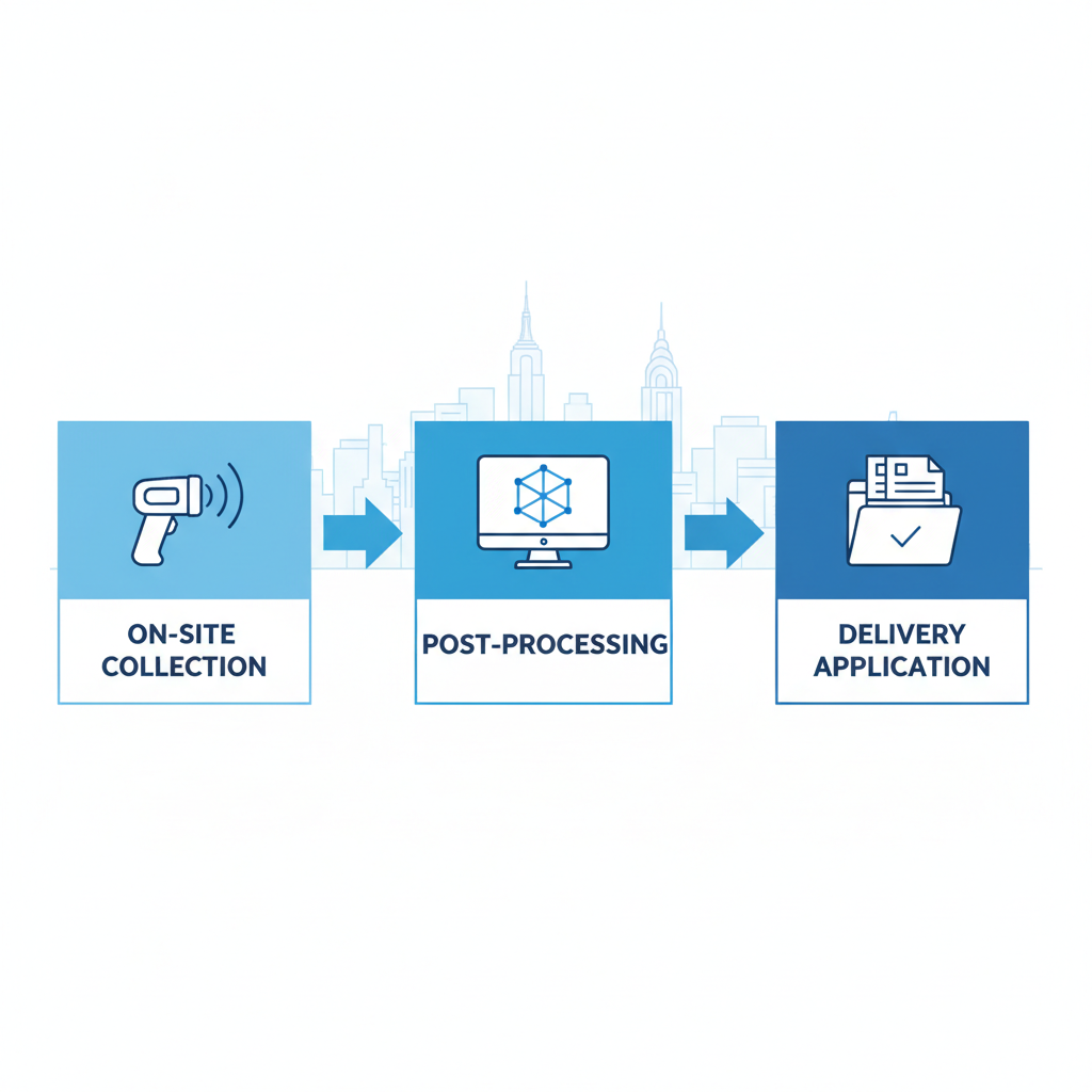 Horizontal process flow diagram illustrating the three key stages of 3D laser scanning in Queens, NY: on-site collection, post-processing, and delivery.