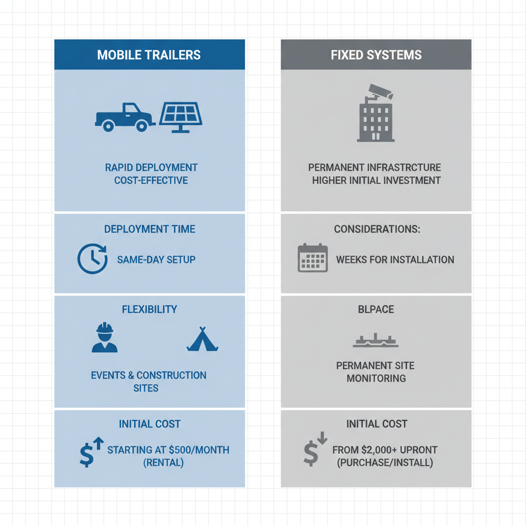 Infographic comparing mobile surveillance trailers and fixed camera systems highlighting deployment time, flexibility, and costs