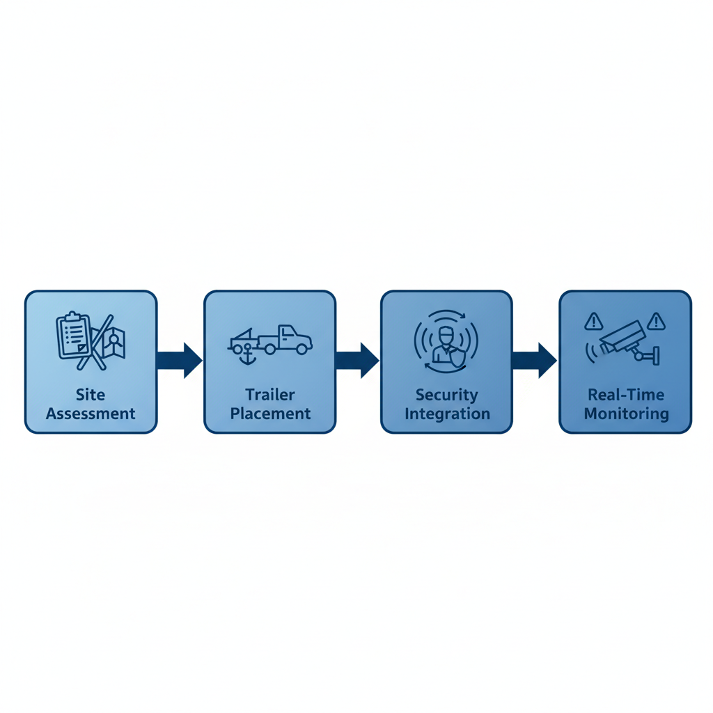 Horizontal process flow diagram illustrating four steps for deploying mobile trailer cameras: site assessment, trailer placement and anchoring, integration with on-site security, and activation for real-time monitoring.