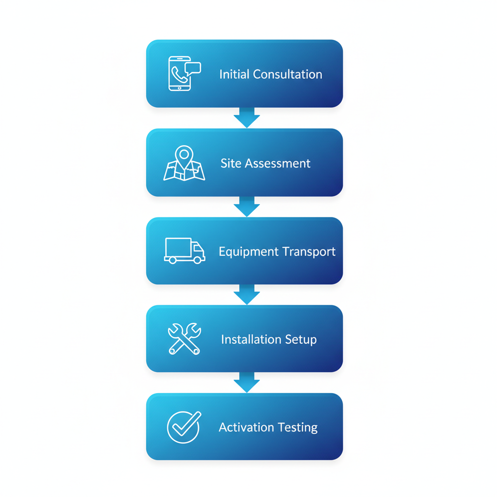 Vertical process flow diagram showing five stages of same-day mobile security camera deployment