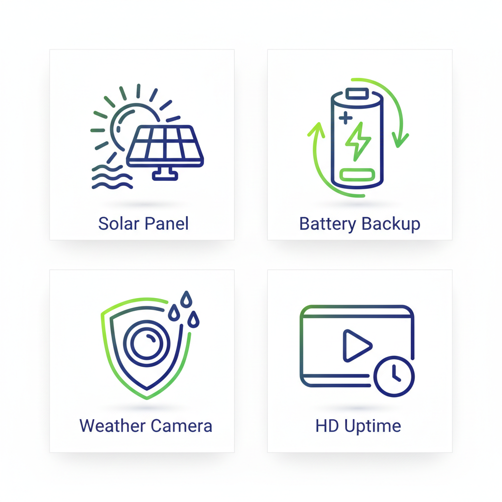 Grid of four icons depicting solar-powered security features: solar panel, battery backup, weather-resistant camera, and HD video uptime.