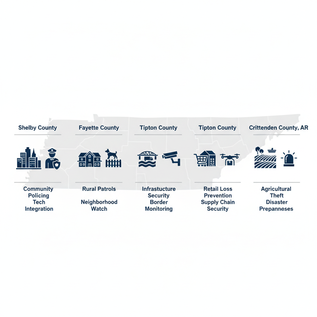 Infographic showing security challenges and solutions in Shelby, Fayette, DeSoto, Marshall, and Crittenden counties with icons and minimal labels.
