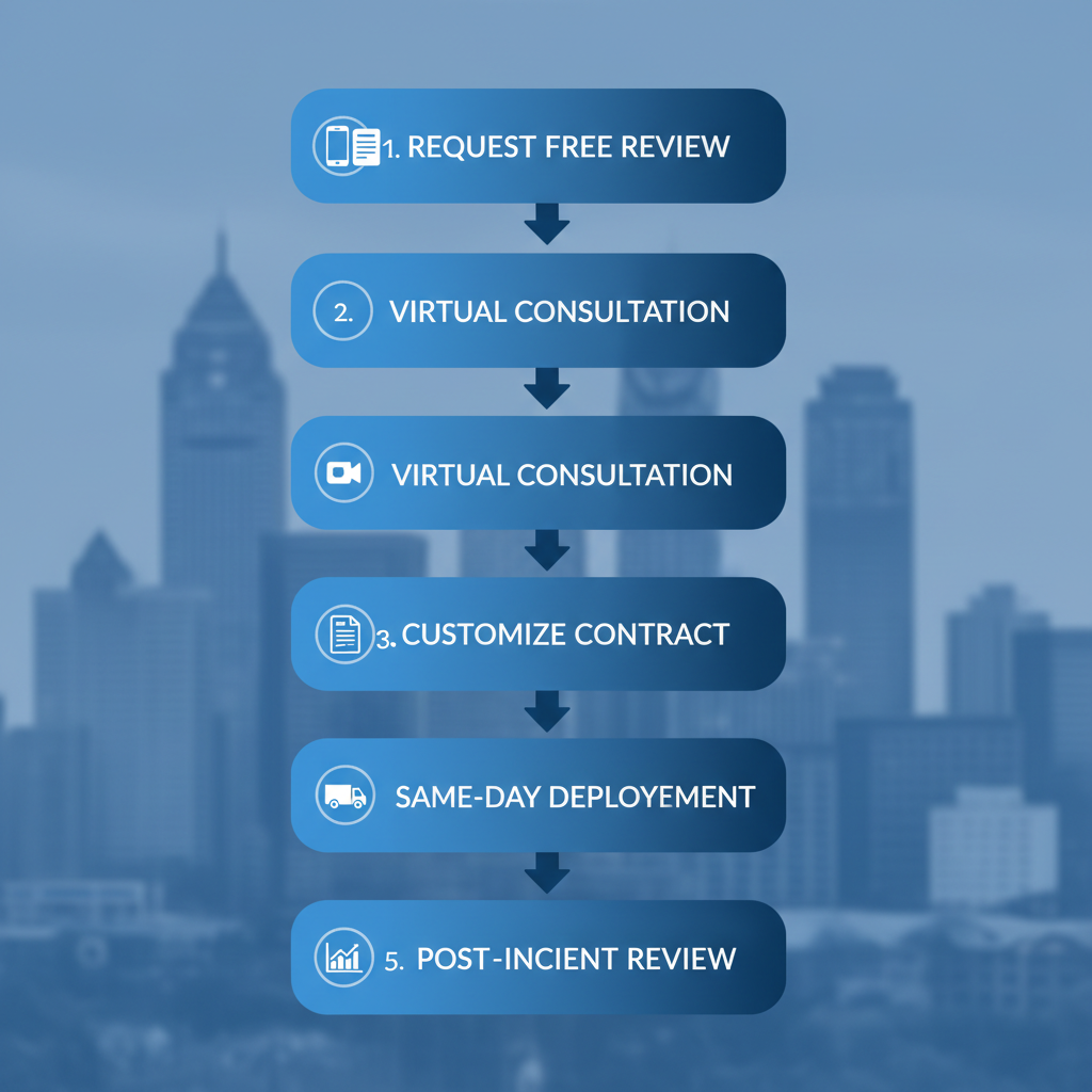 Vertical process flow diagram illustrating five steps to hire private security in Memphis, featuring icons for each stage from request review to post-incident review.