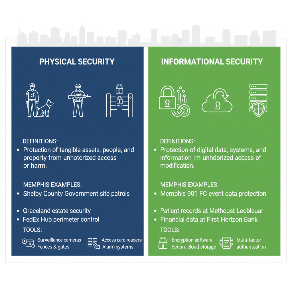 Infographic illustrating core fundamentals of physical and informational security in Memphis, split layout with icons and examples.