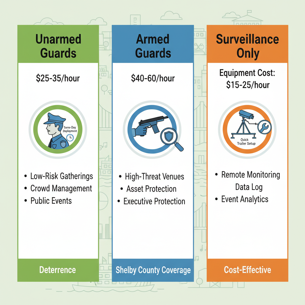 Infographic showing three security service options for Memphis: unarmed guards, armed guards, and surveillance systems with costs and benefits.