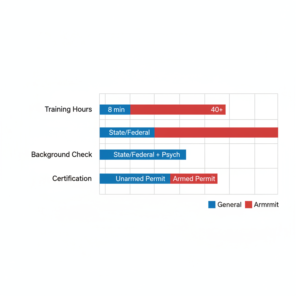 Horizontal bar chart comparing qualifications for general and armed security guards in Tennessee: training hours, background checks, and certifications.
