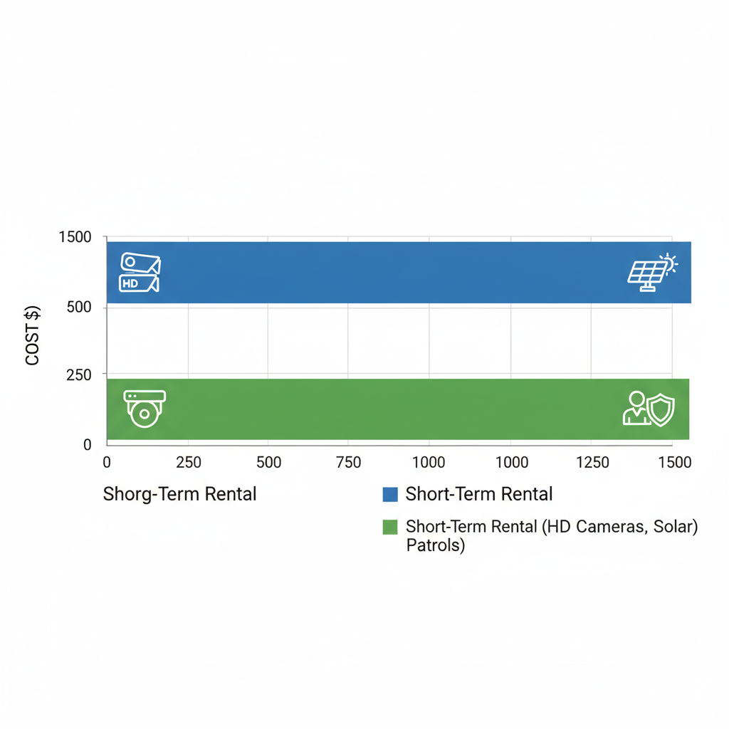 Horizontal bar chart comparing short-term and long-term mobile surveillance trailer rental costs with feature icons.