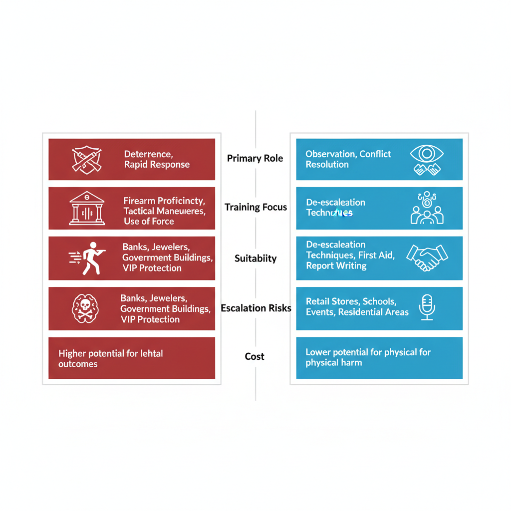 Infographic showing side-by-side comparison of armed and unarmed security guards including roles, training, suitability, risks, and costs