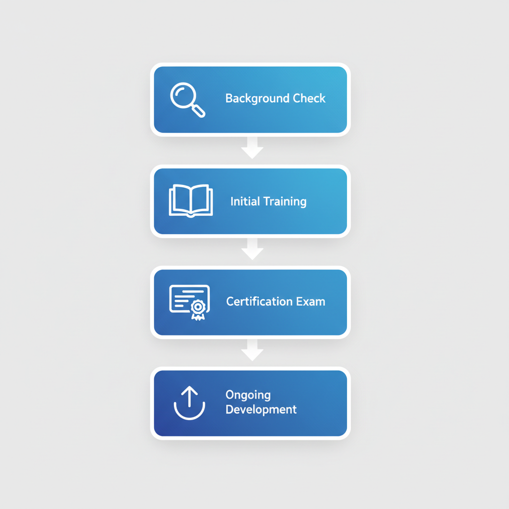 Vertical diagram illustrating the certification and career progression steps for unarmed security guards, including background check, training, exam, and skill development.