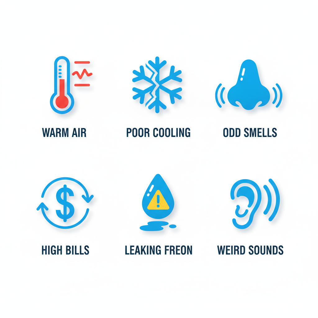 Icon grid showing signs your AC needs repair: warm air, inconsistent cooling, odors, high bills, leaks, noises.